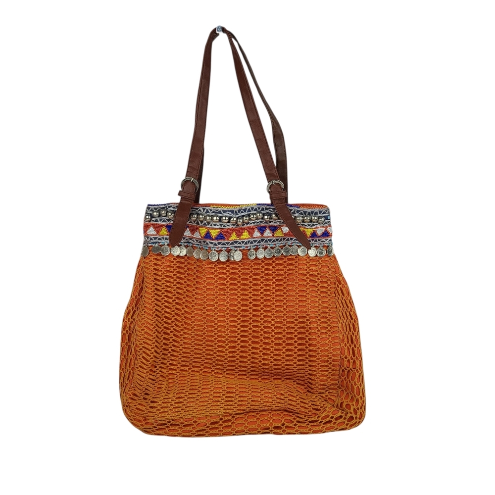 Antik Kraft Large Orange Cotton Shoulder Tote Bag Embellished